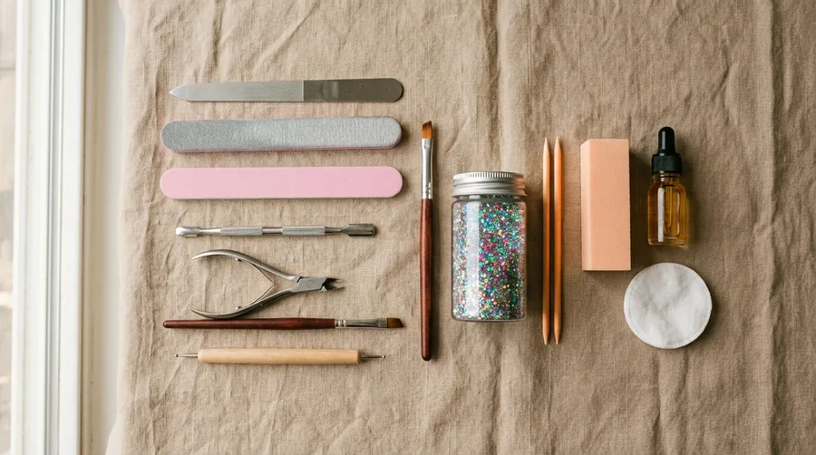 Herramientas de manicura profesional ordenadas: limas, pinceles, cutters y accesorios